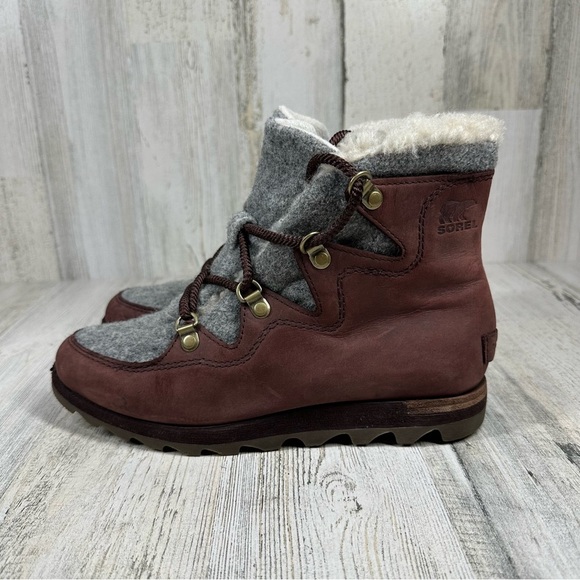 Sorel Classic Sneakchic Alpine Leather Boots Shearling Accents Brown Gray #1180 - Picture 1 of 13